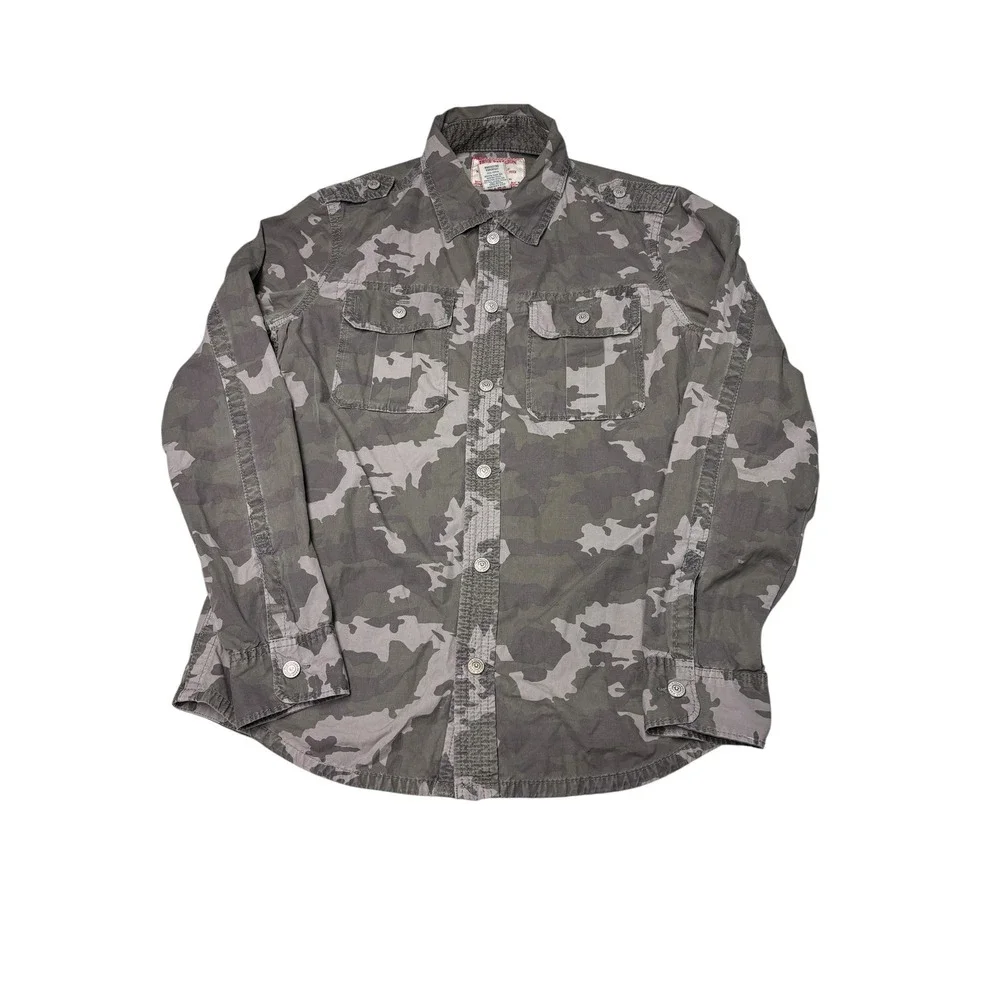 True Religion Luca Mens XL Camo Button‎ Down Shirt Grey Green Utility Military